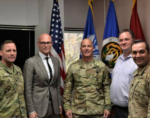 From L to R – LTC Kammerzell, AMSO; Mr. Dan Hawkins, AIT; BG Sloane, PEO STRI; Mr. Dale Whittaker, PEO STRI; LTC Martinez, AMSO.