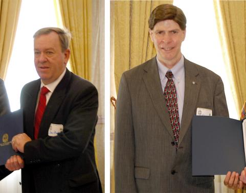 Collage of two people being given an award.