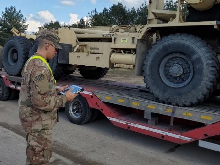 One of eight students from Army 571st Movement Control Team engaged in equipment registry exercise at Drawsko Pomorskie Training Area, March 4-5, 2020 while attending PDK Lite Training in Poland. U.S. Army photo by Dimche Milevski, AMIS.